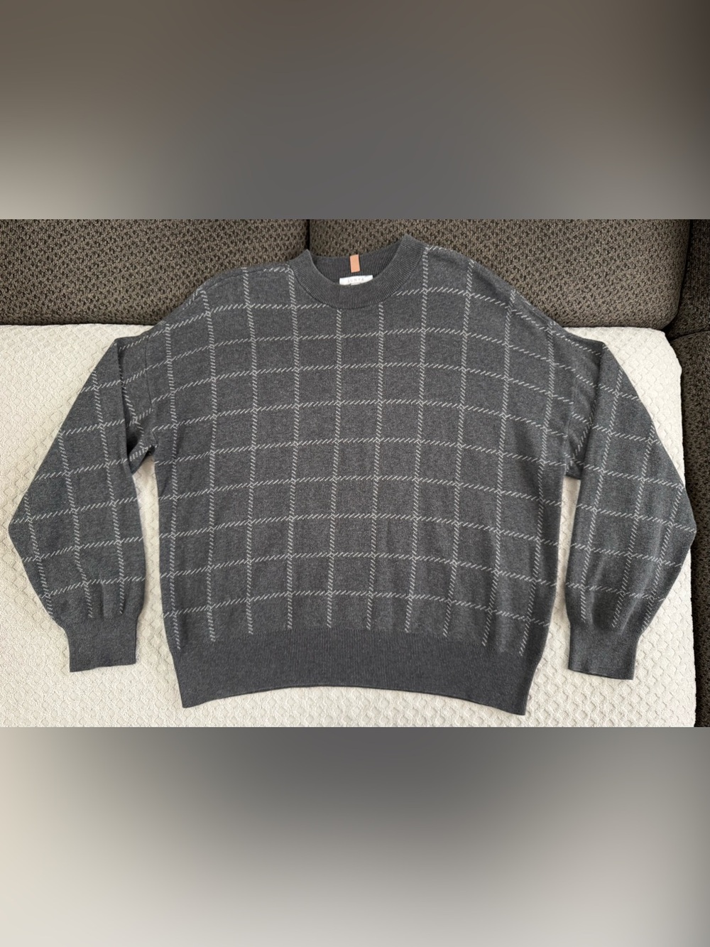 Lunya Cozy Cotton Silk Pullover Sweater Womens Medium Gray Grey Windowpane Knit